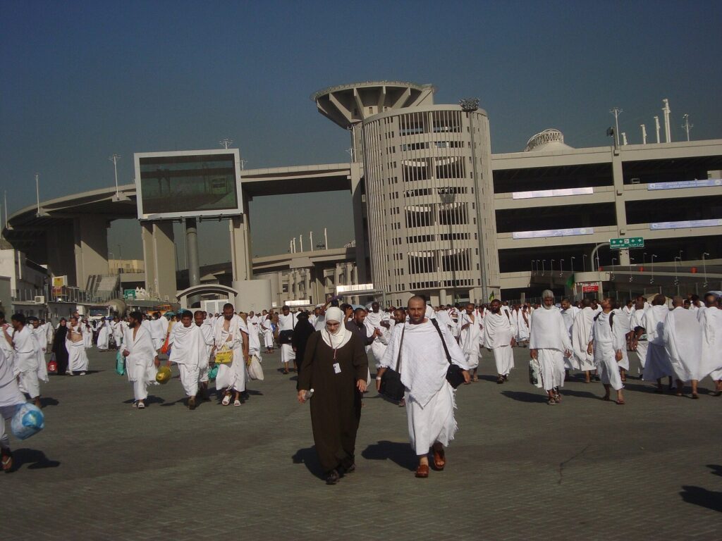 The Jamarat Bridge in Mina and pilgrims on their way to the stoning