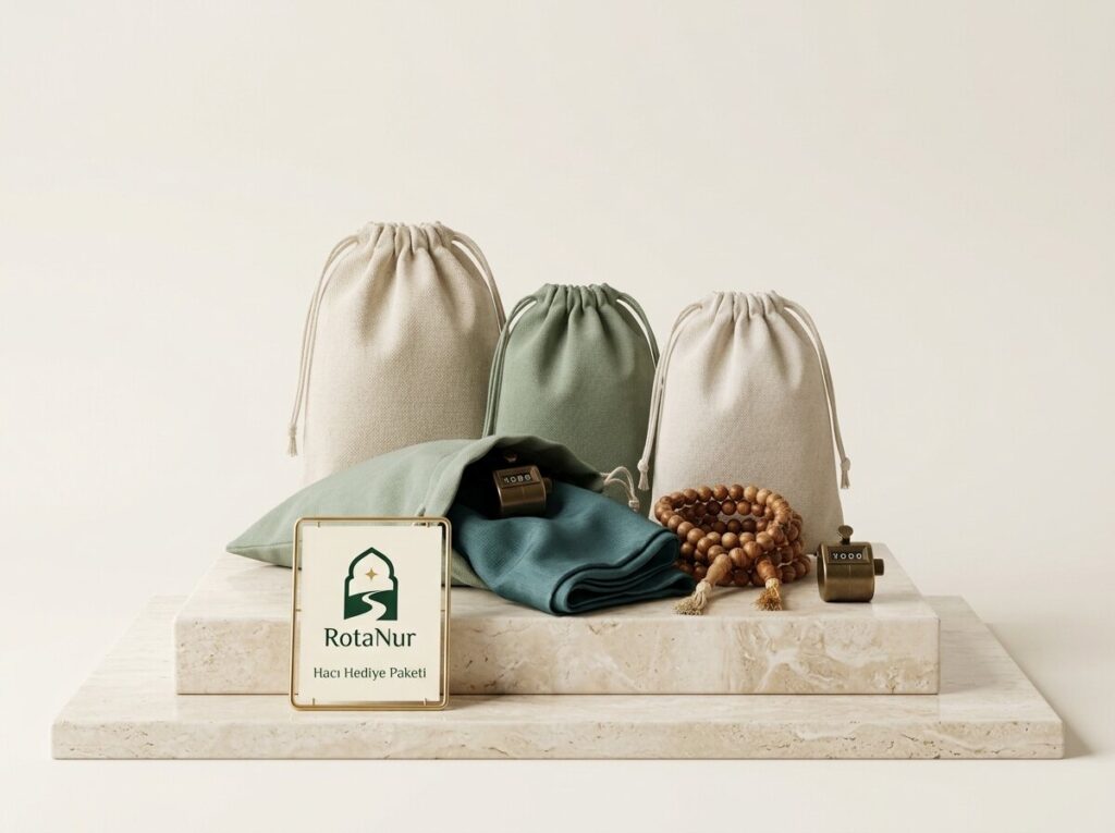 Hajji gift pack of 10, scarf, prayer beads and dhikr counter in pouches, RotaNur