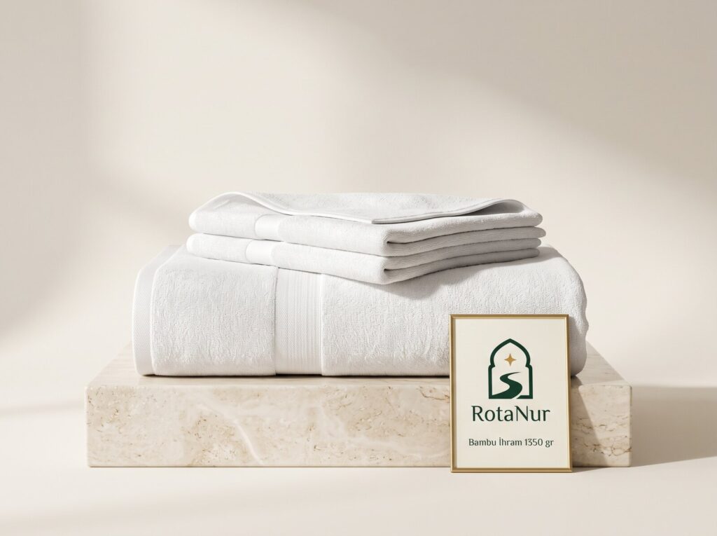 Bambu-pamuk ihram 1350 gr, yumuşak dokulu iki parça beyaz, RotaNur etiketi