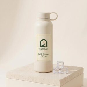 Çelik termos matara 750 ml mat krem, RotaNur etiketli