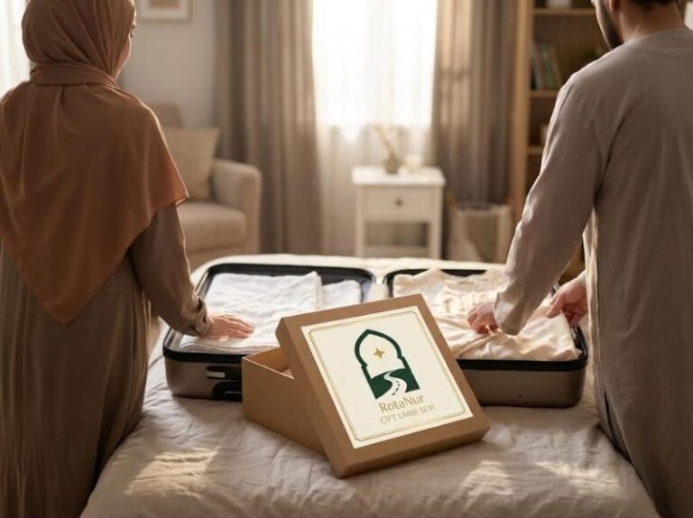 RotaNur Couple Umrah Set: white ihram, cream prayer dress, two pairs of slippers and unscented care products