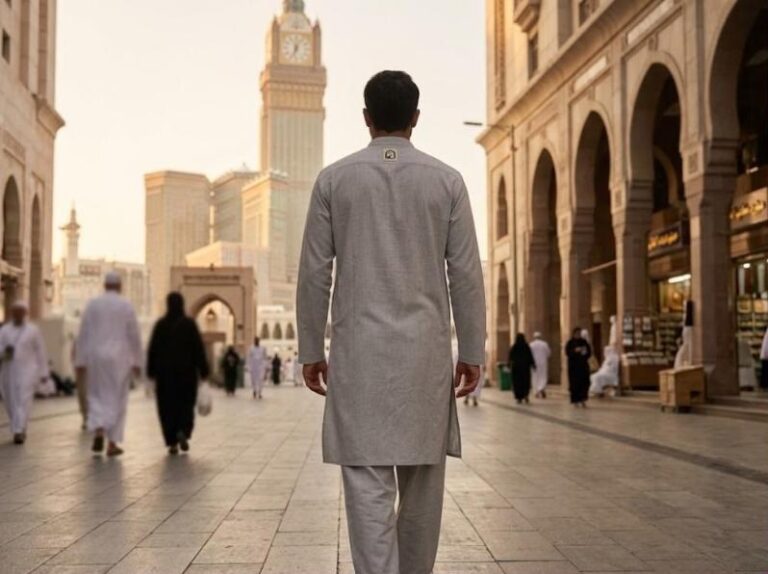 RotaNur men's Afghan-style Umrah set, grey long tunic and shalwar