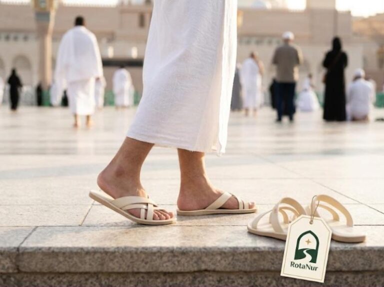 Beyaz ihram örtüsü altında krem ihram sandaletiyle yürüyen erkeğin ayakları