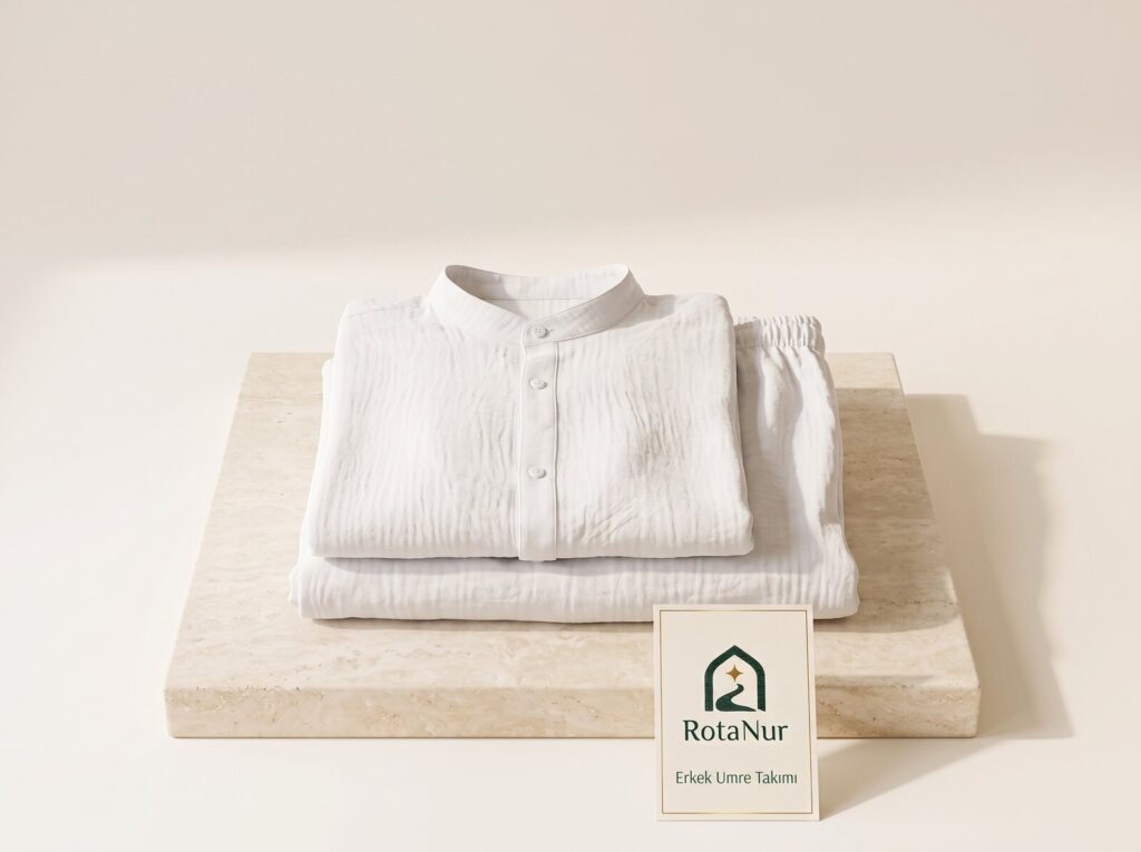 Men’s Muslin Umrah Set — Mandarin Collar Shirt + Elastic-Waist Shalwar, 100% Cotton