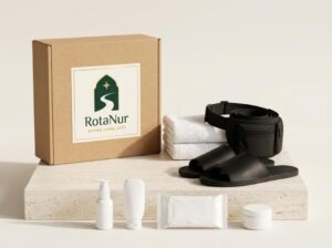 RotaNur Erkek Umre Seti: beyaz pamuk ihram, cepli kemer, terlik ve kokusuz bakım ürünleri