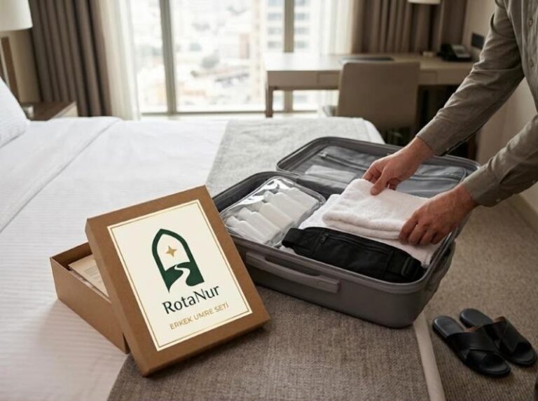 RotaNur Men's Umrah Set: white cotton ihram, pocket belt, slippers and unscented care products