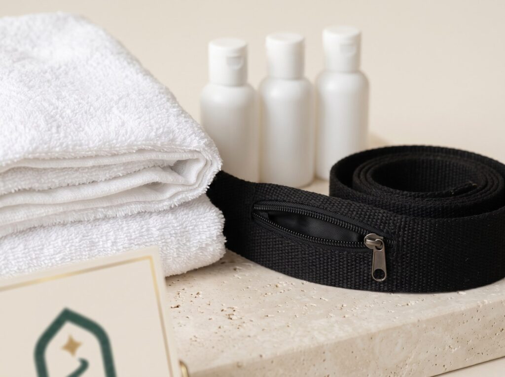 Erkek umre setindeki havlu ihram, kemer cebi ve bakım ürünleri