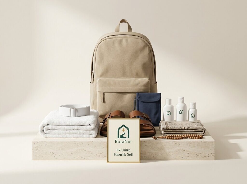 RotaNur First Umrah Complete Prep Set: ihram, belt, slippers, unscented products, backpack and accessories