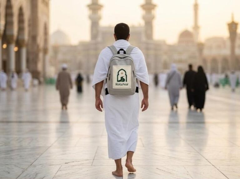 RotaNur First Umrah Complete Prep Set: ihram, belt, slippers, unscented products, backpack and accessories
