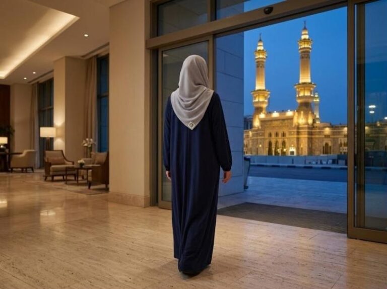 Otel koridorunda mescide çıkmaya hazırlanan, lacivert ferace giymiş kadın, arkadan görünüm