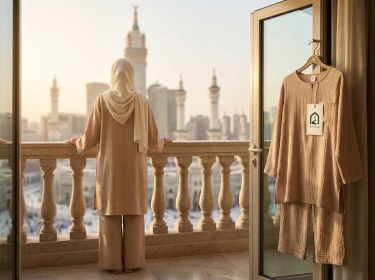 RotaNur women's muslin two-piece Umrah set, beige tunic and trousers
