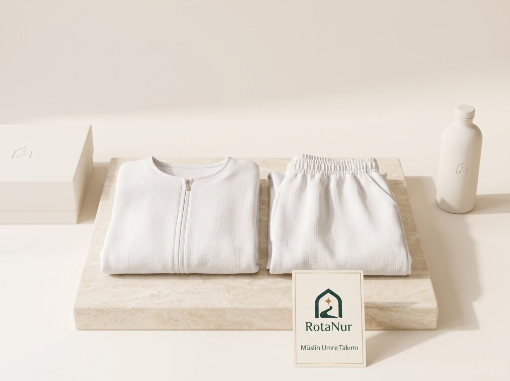 Women’s Muslin Two-Piece Umrah Set — Long Zip Tunic + Elastic-Waist Trousers
