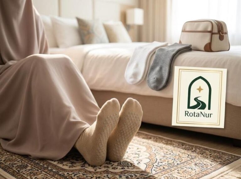 Otel odasında seccade üzerinde bej tavaf çorabı giyen hanımın ayakları