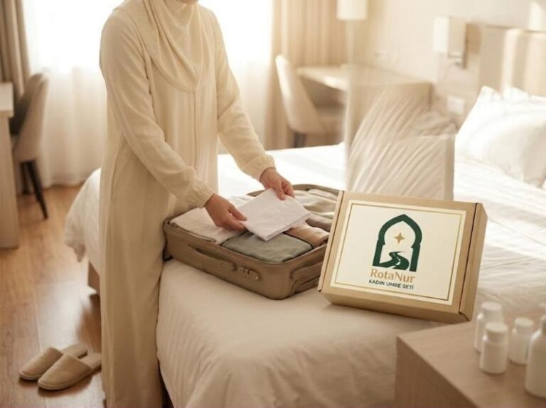 RotaNur Women's Umrah Set: cream prayer dress, cap, slippers and unscented care products