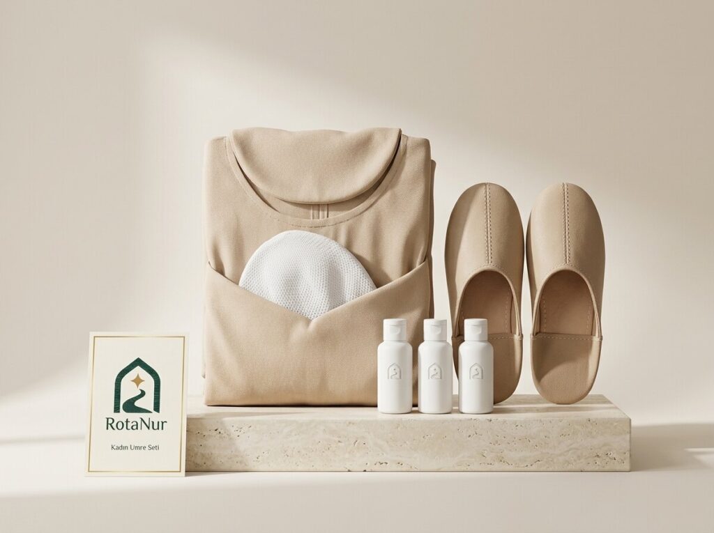 RotaNur Women's Umrah Set: cream prayer dress, cap, slippers and unscented care products