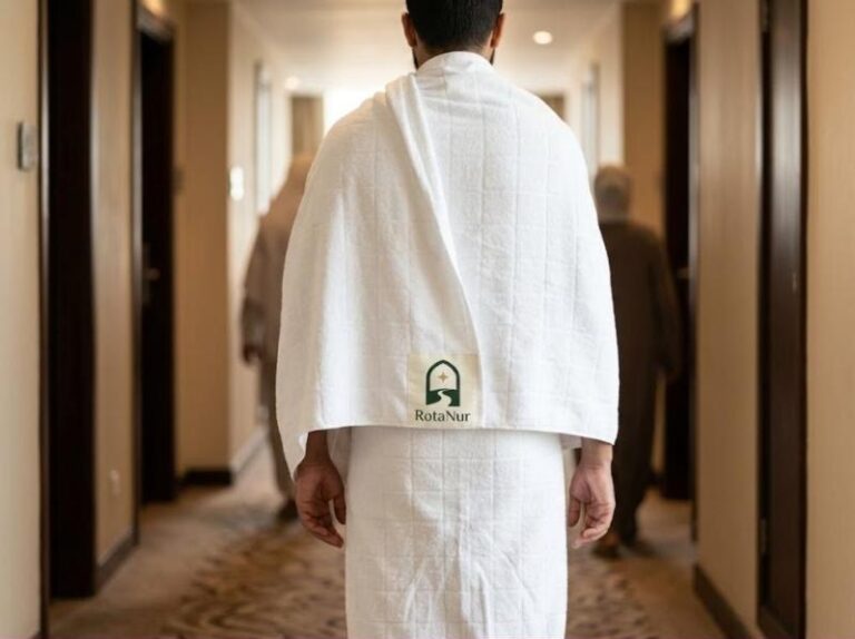 Uzun boylu bir hacı adayının arkadan görünümüyle geniş ölçülü RotaNur ihram