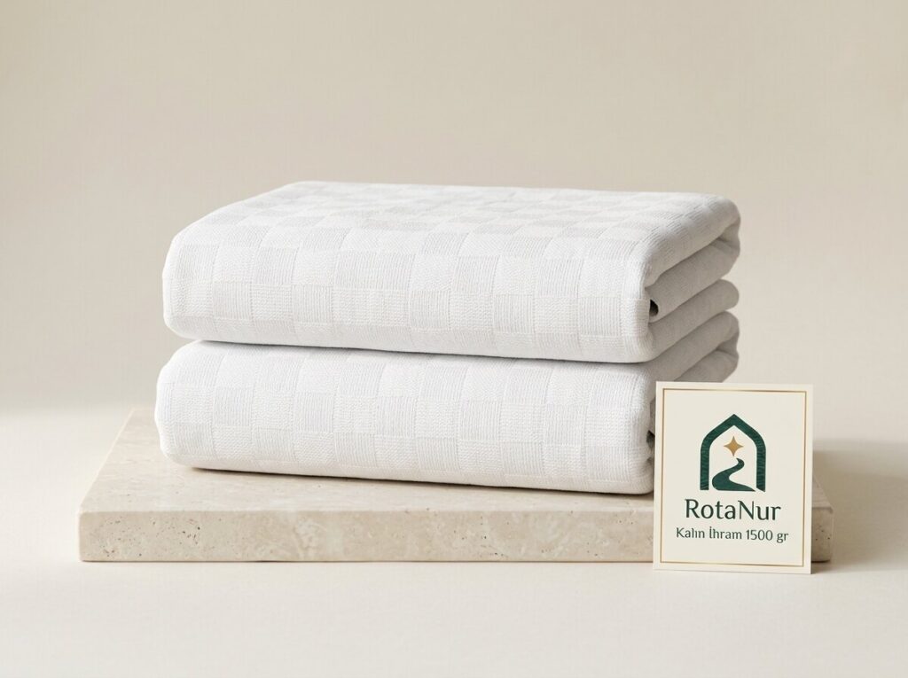 Kalın pamuk ihram 1500 gr, kareli doku, geniş ölçü iki parça, RotaNur etiketi