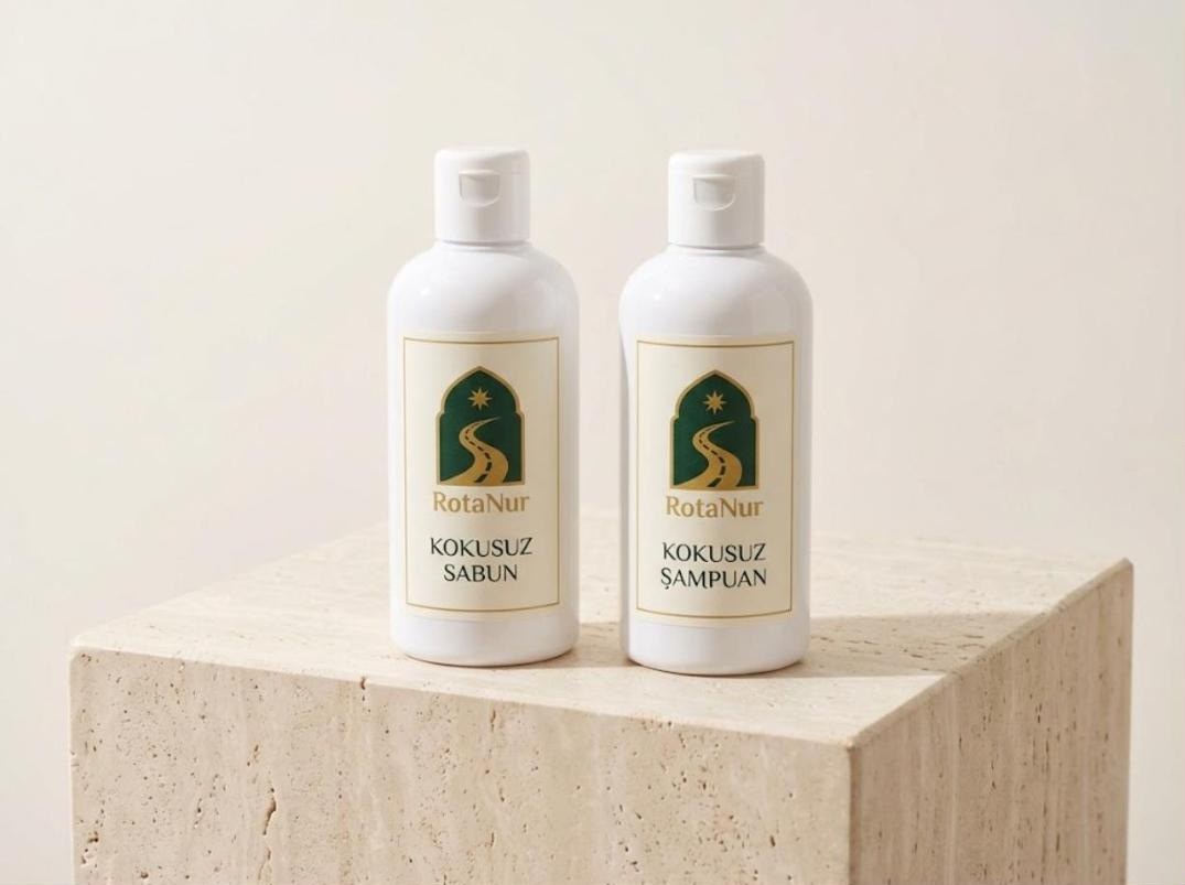 RotaNur kokusuz sıvı sabun ve şampuan 250 ml şişeleri traverten kaide üzerinde
