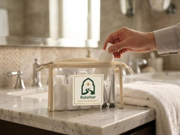 RotaNur Unscented Umrah Care Set: eight white bottles and a clear cabin bag