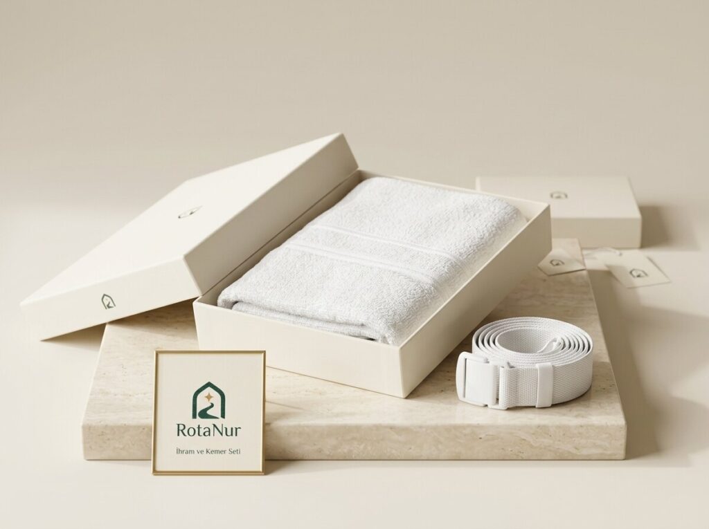 Kutulu ihram ve kemer seti, 1250 gr pamuk ihram ve ayarlanabilir kemer, RotaNur etiketi