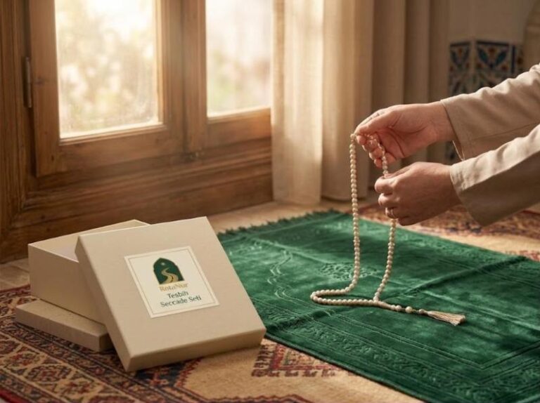 Boxed prayer beads and prayer mat gift set, velvet prayer mat and pearl tasbih, RotaNur