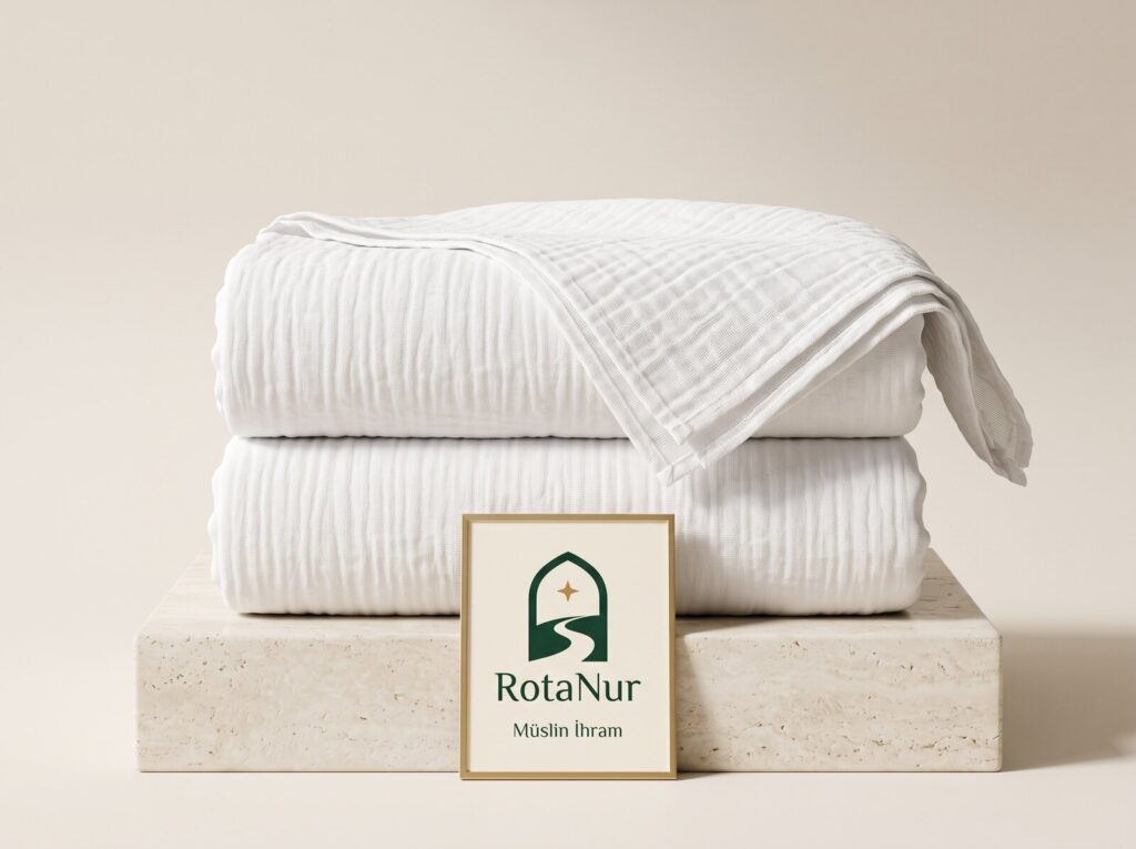 Müslin ihram, yüzde yüz pamuk çift kat, iki parça, RotaNur etiketi