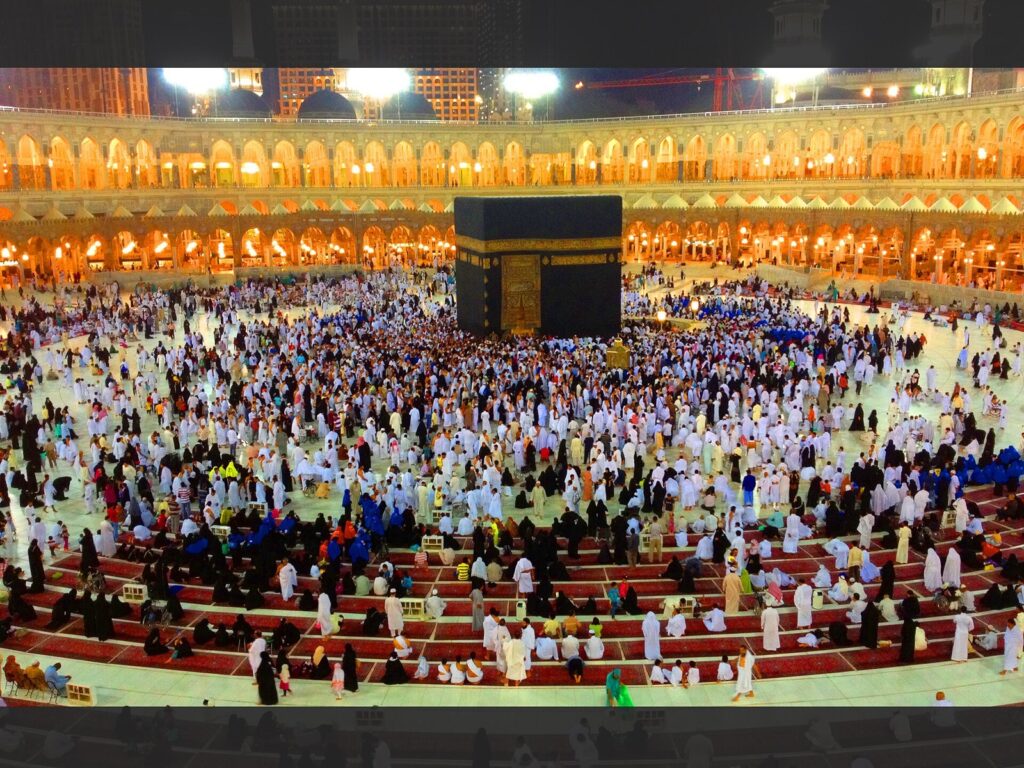 Visitors performing tawaf around the Kaaba at Masjid al-Haram