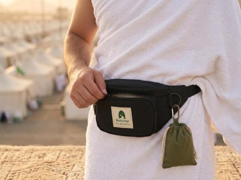 Waterproof-coated Hajj waist bag with hidden pocket, RotaNur label