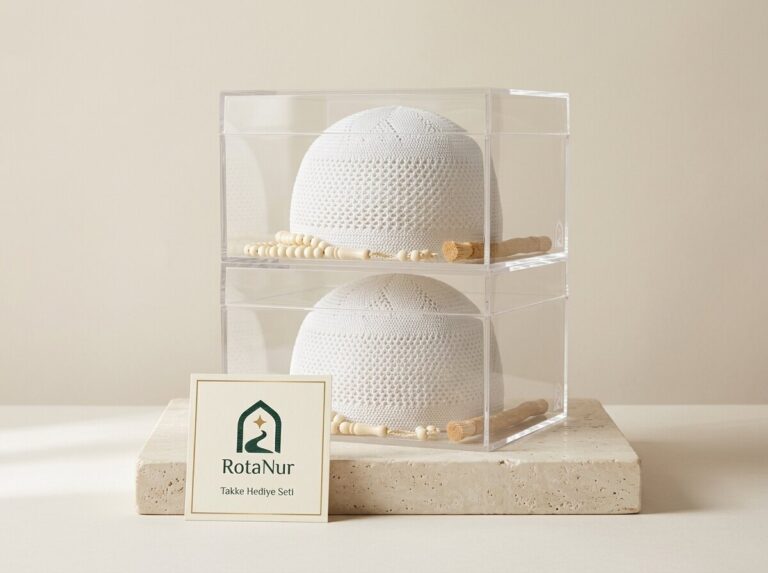 Prayer Cap, Prayer Beads and Miswak Gift Set — Pack of 10, in Clear Boxes