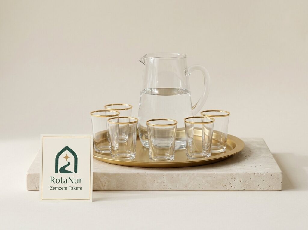 Zamzam serving set with tray, 8 pieces, gold-gilded glass jug and glasses, RotaNur