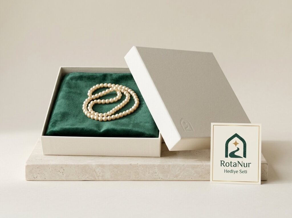 Boxed prayer beads and prayer mat gift set, velvet prayer mat and pearl tasbih, RotaNur