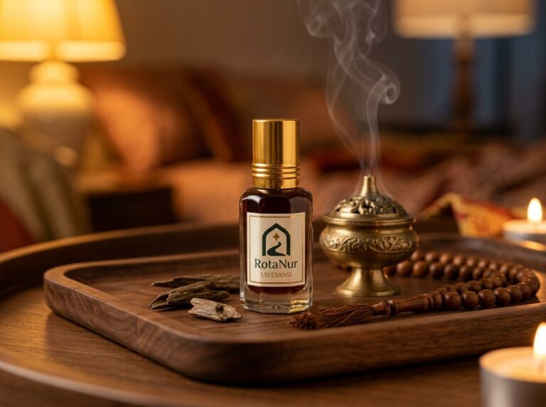 Oud ağacı parçalarıyla ud esansı şişesi